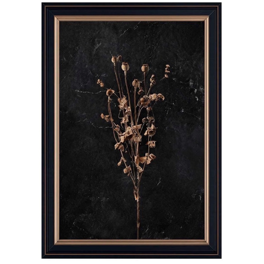 Moody Botanical Dried Poppy Framed Wall Art Black and Gold